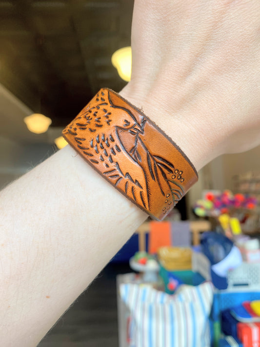 "Bird with Branch" Hand-tooled Leather Cuff Bracelet by Lara