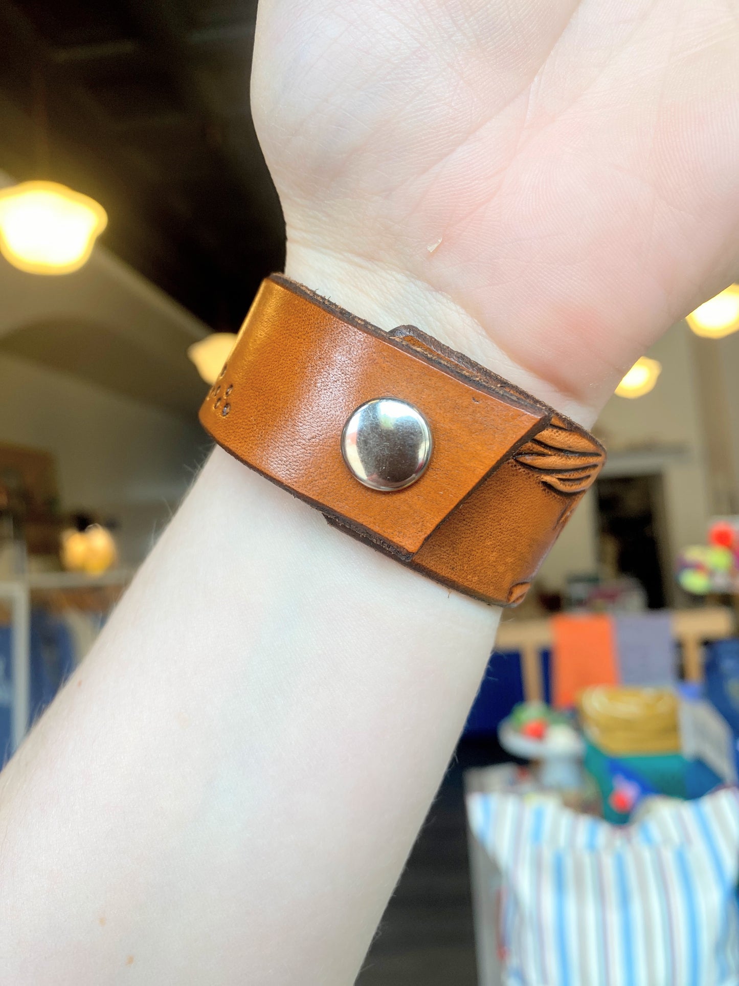"Bird with Branch" Hand-tooled Leather Cuff Bracelet by Lara