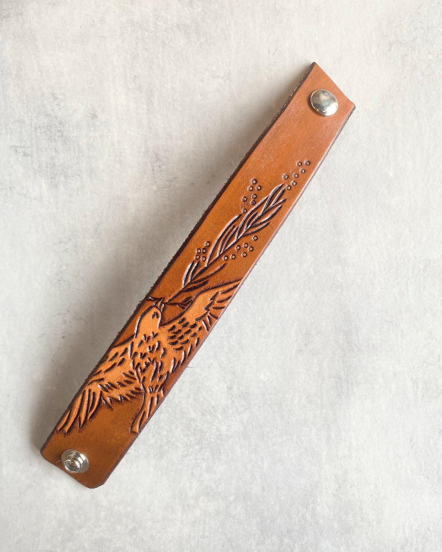 "Bird with Branch" Hand-tooled Leather Cuff Bracelet by Lara