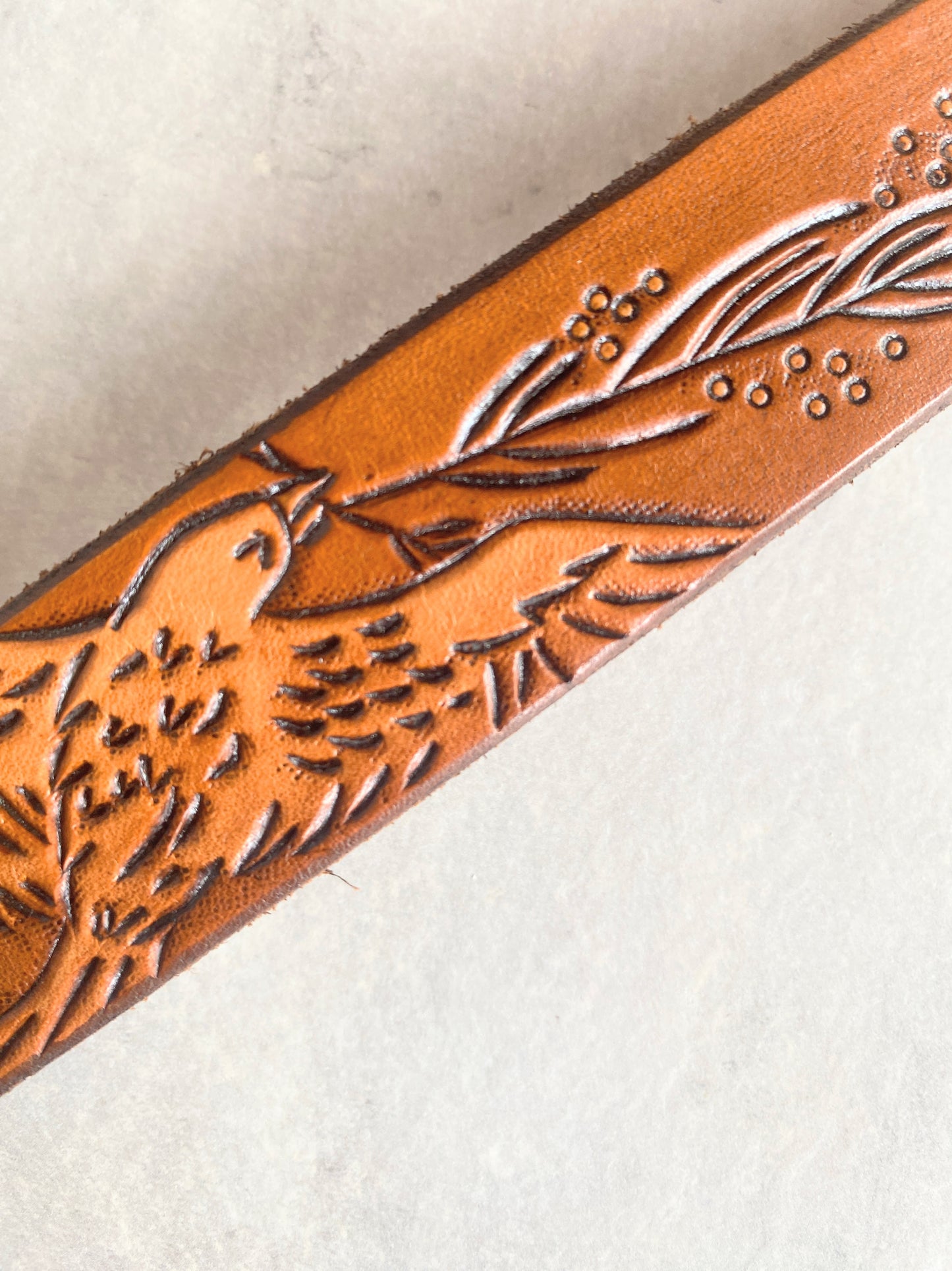 "Bird with Branch" Hand-tooled Leather Cuff Bracelet by Lara