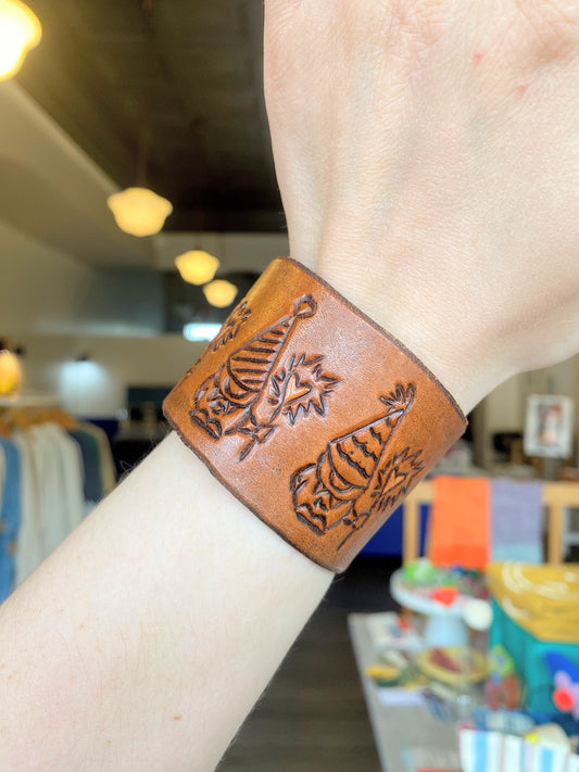 "Party Gnomes" Hand-tooled Leather Cuff Bracelet by Lara
