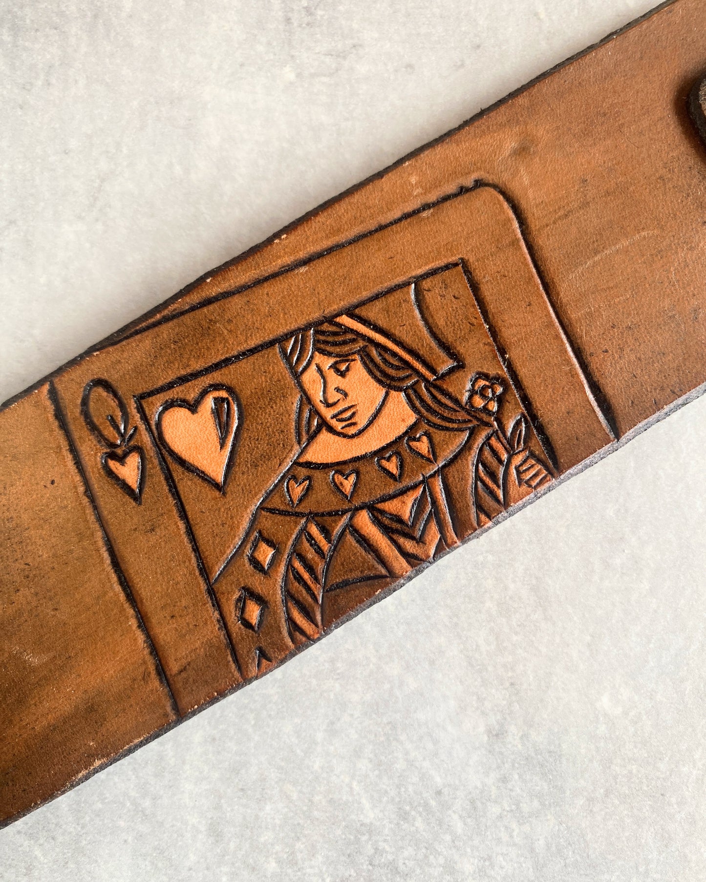 "Queen of Hearts" Hand-tooled Leather Bracelet by Lara
