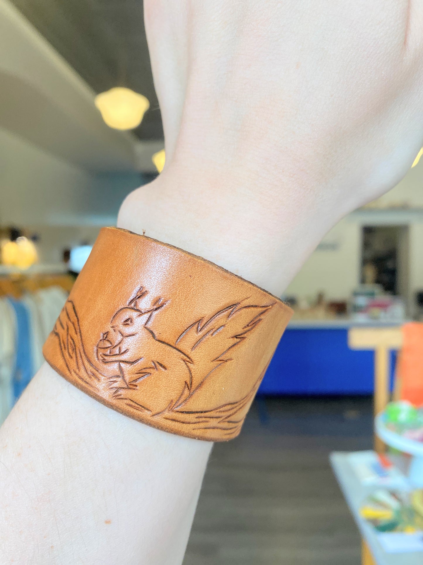 "Squirrel on a Branch" Hand-tooled Leather Cuff Bracelet by Lara