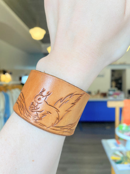 "Squirrel on a Branch" Hand-tooled Leather Cuff Bracelet by Lara
