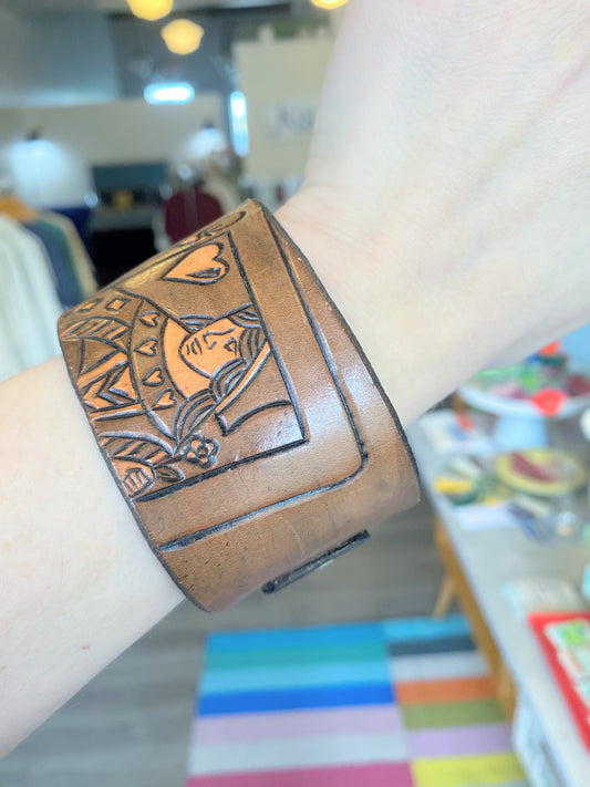 "Queen of Hearts" Hand-tooled Leather Bracelet by Lara