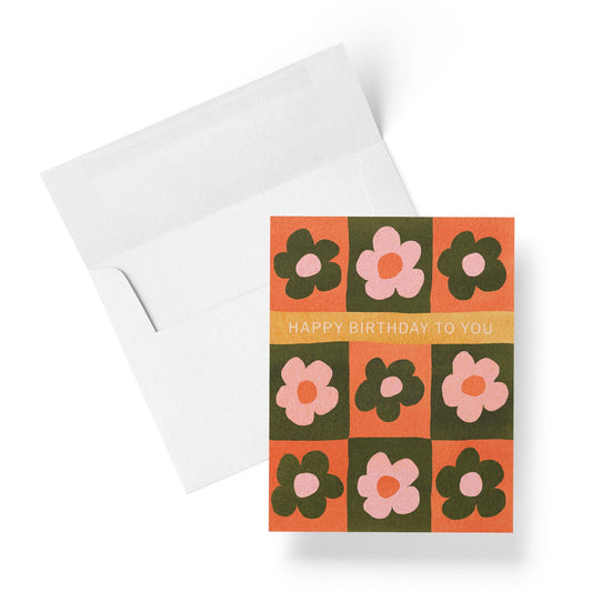 Retro Check Flower Birthday Card