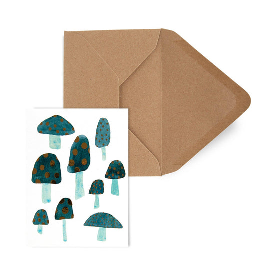 Blue Mushroom Gold Foil Greeting Card - Blank Inside