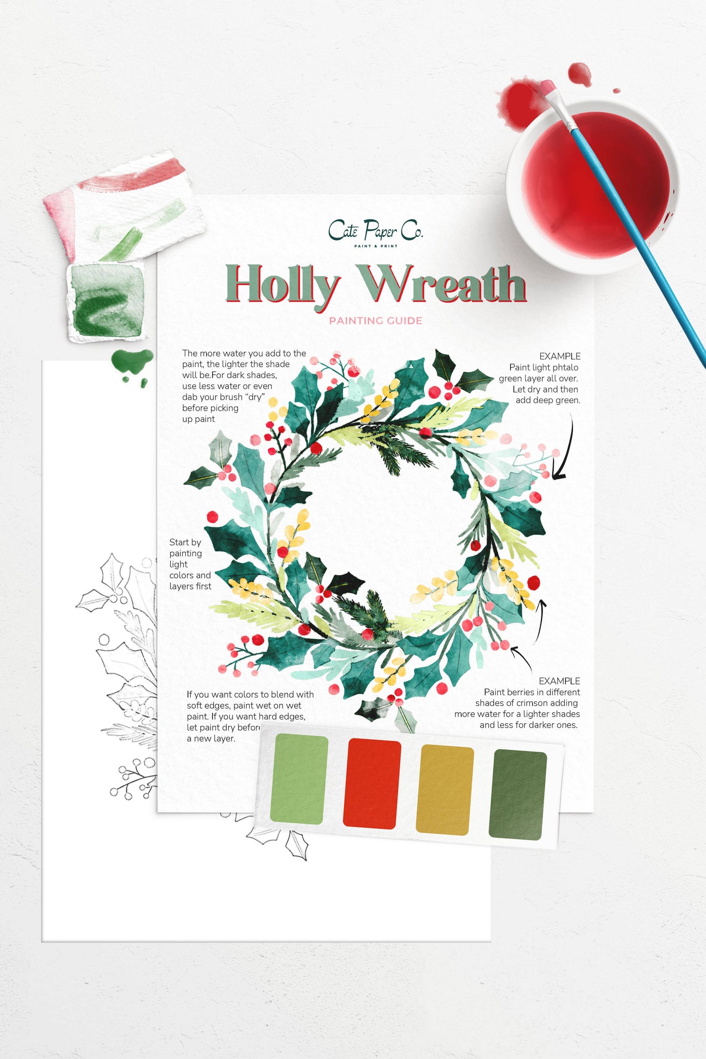 Holly Wreath Watercolor Painting Kit (Beginner-Friendly)