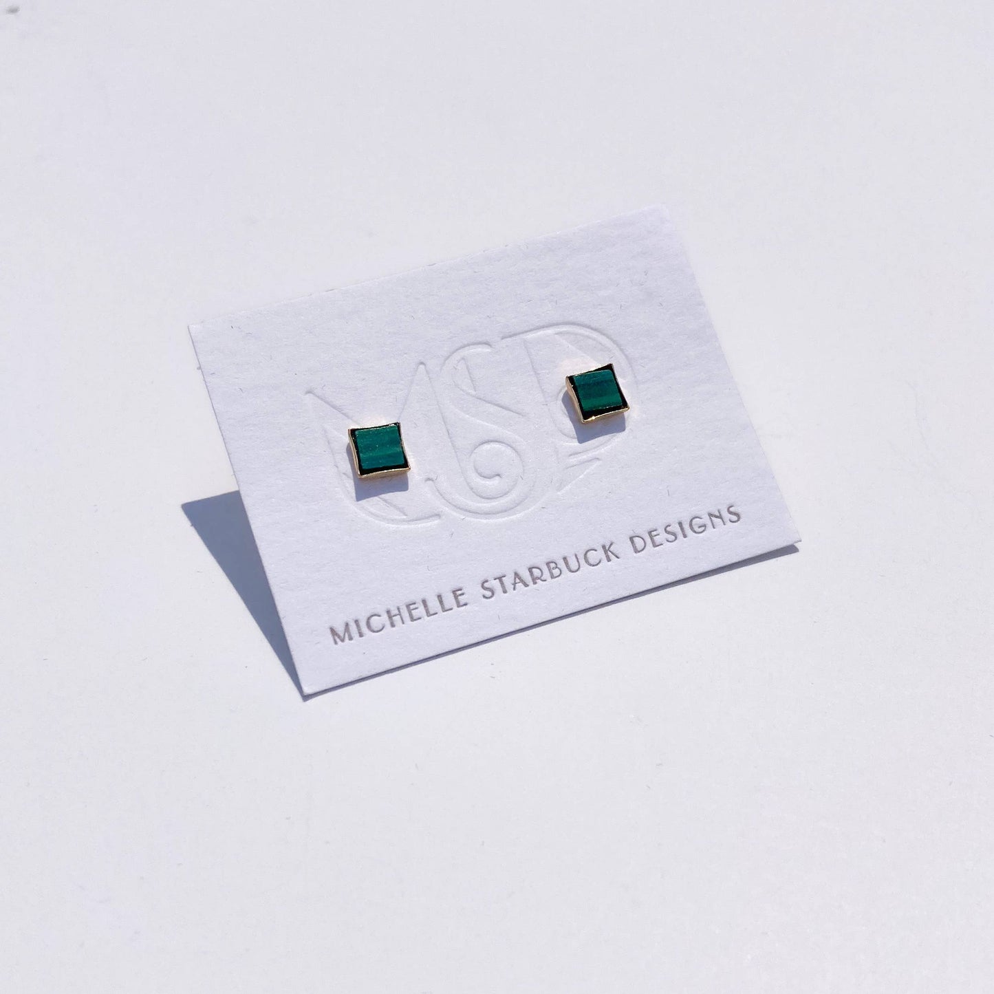Tiny Square Studs in Green Malachite