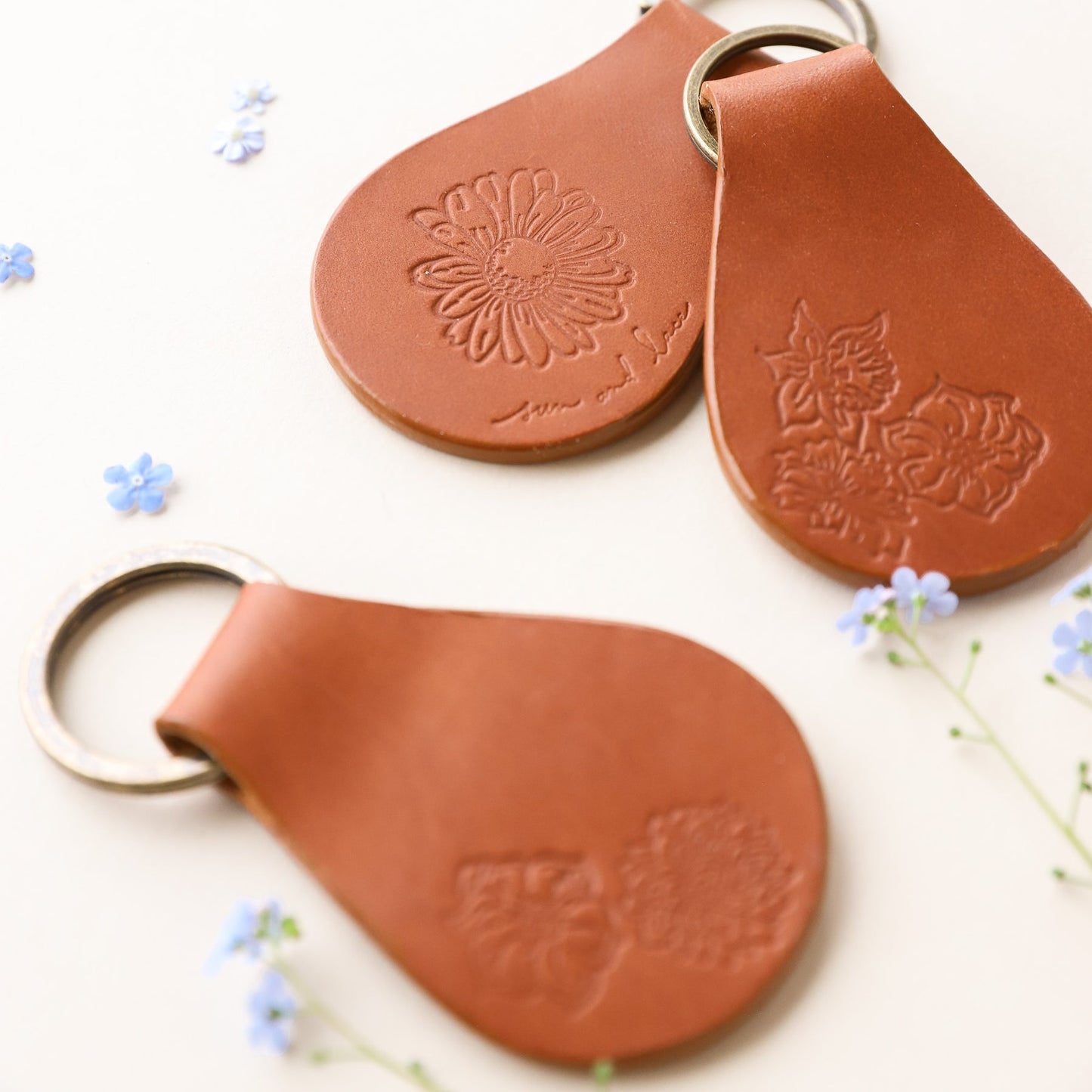 Handmade in Stoughton leather keychain - daisy