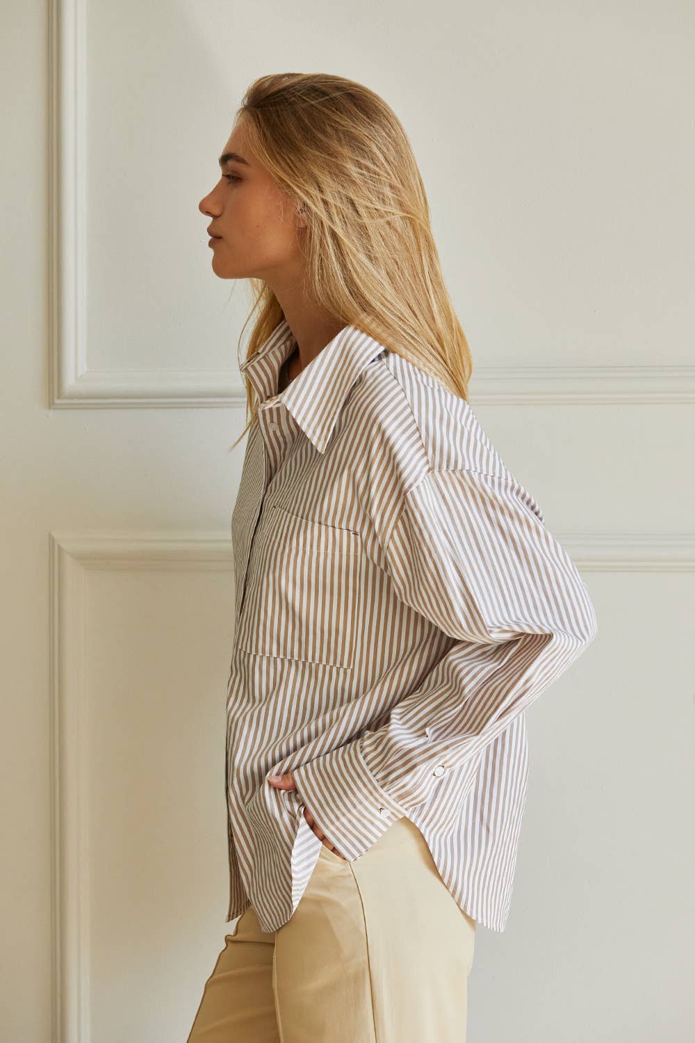 Oversized Striped Button-Down Shirt - Mocha