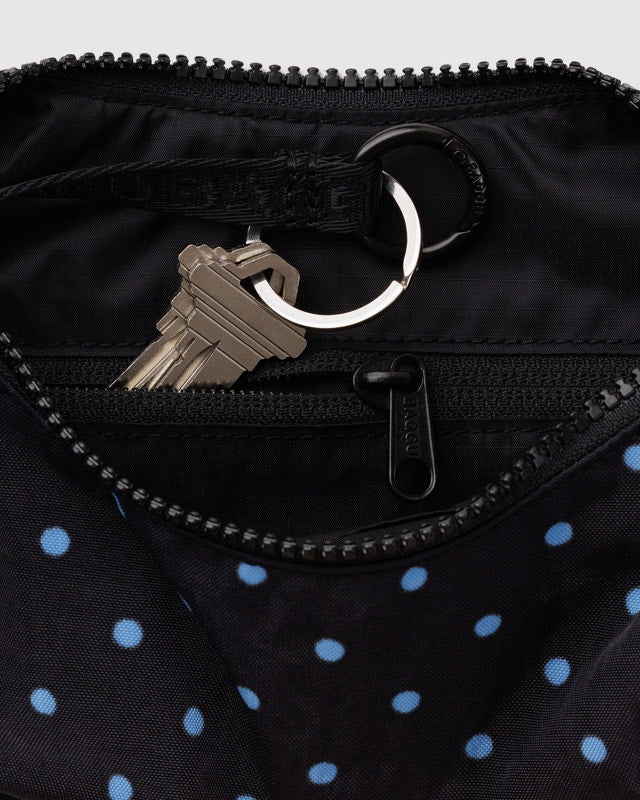 BAGGU Small Nylon Crescent Bag in Black and Sky Blue Micro Dot