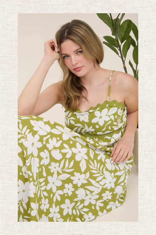 Pear Green Floral Rickrack Trim Midi Dress