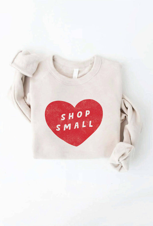 "Shop Small" Heart Super Soft Sponge Fleece Crewneck Sweatshirt in Heather Dust