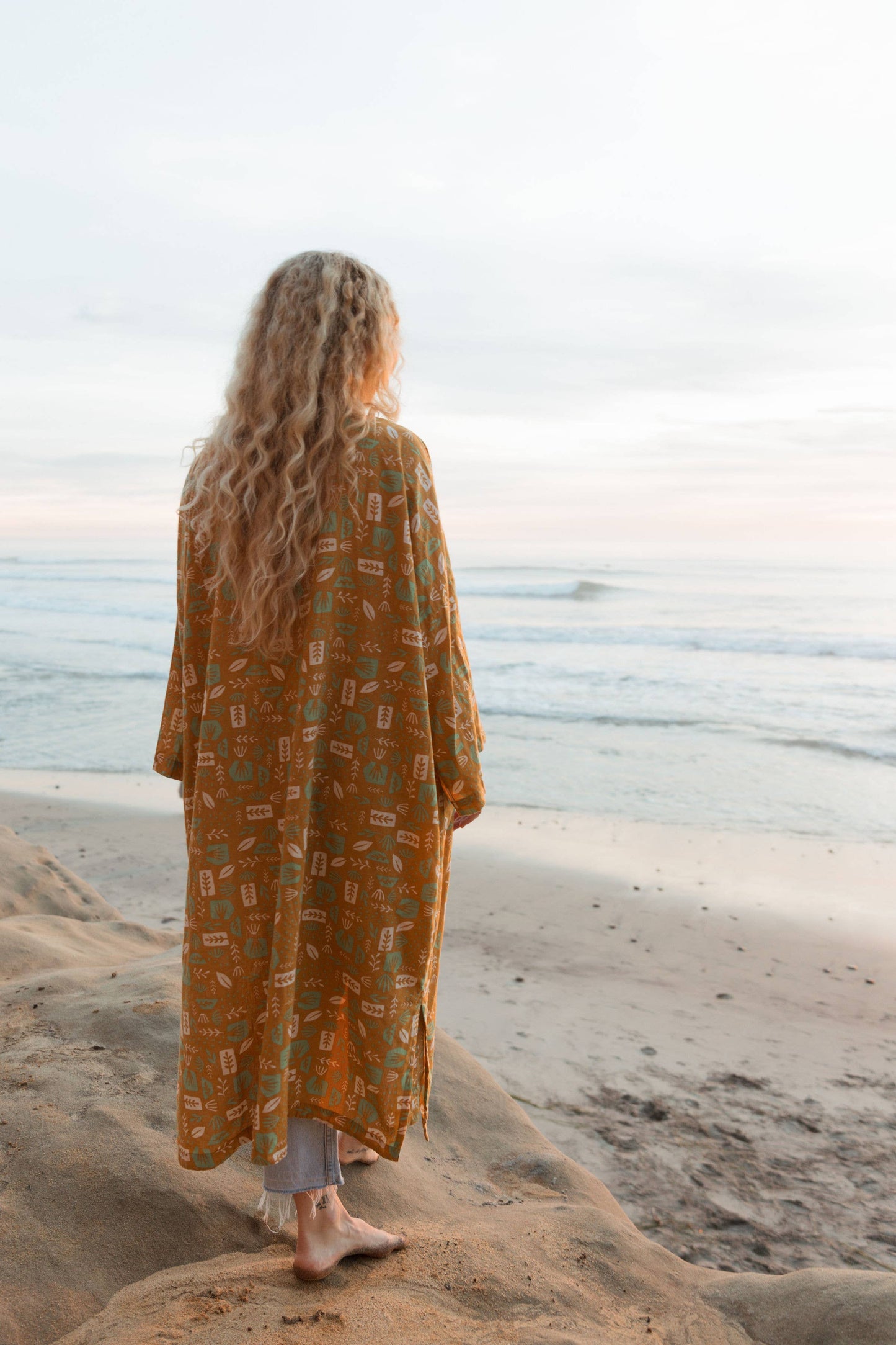 Handwoven Cotton Kimono-Style Robe - Agave Print on Mustard