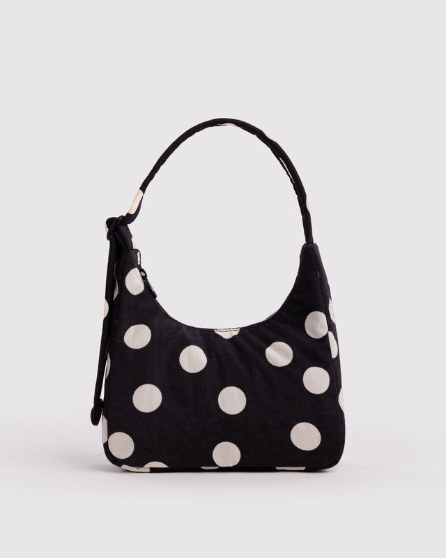 BAGGU Mini Nylon Shoulder Bag in Black and Cream Polka Dot