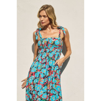 "To The Sky" Retro Floral Shirred Fit And Flare Midi Dress