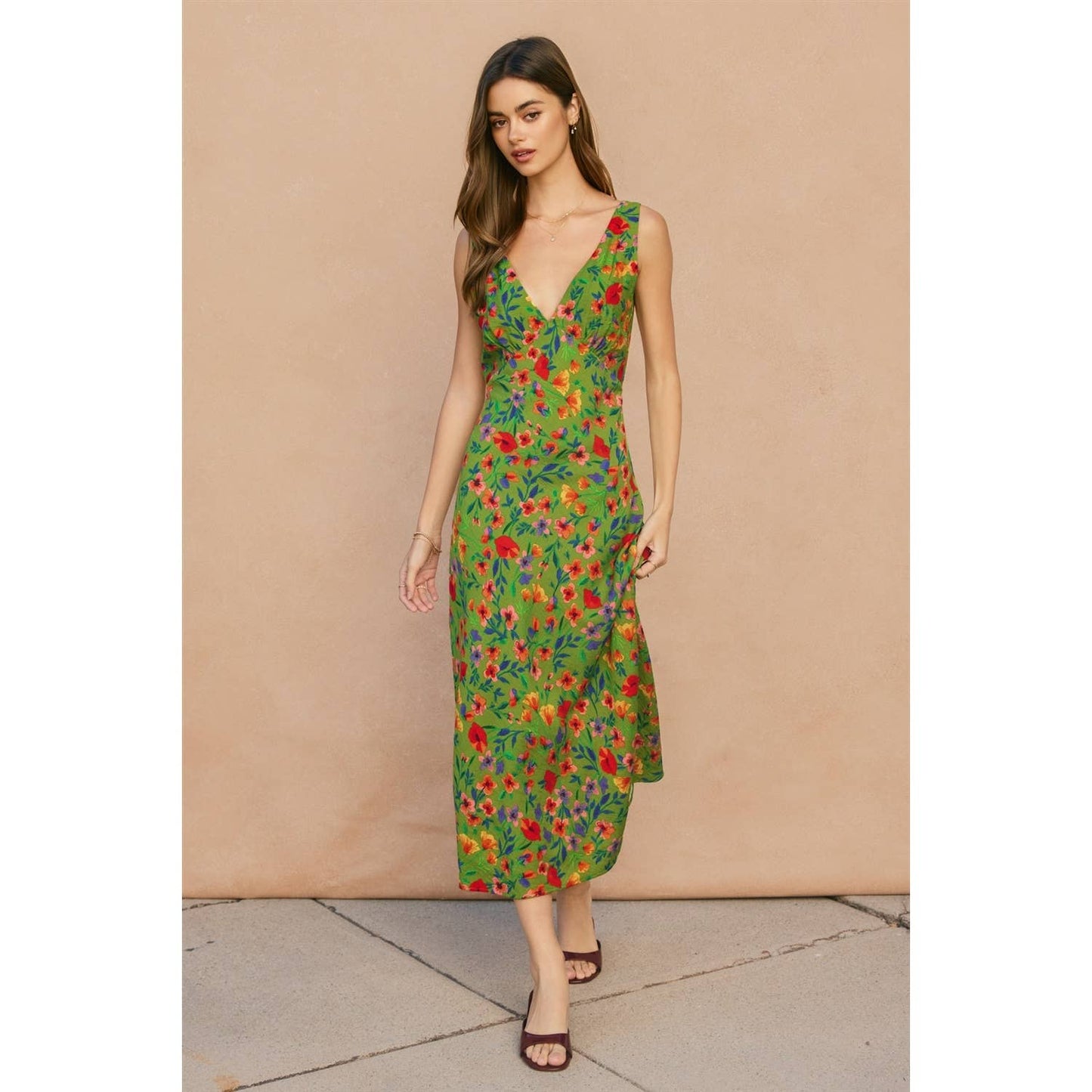 "Wildflower Rush" Grass Green Bias Cut Midi Dress