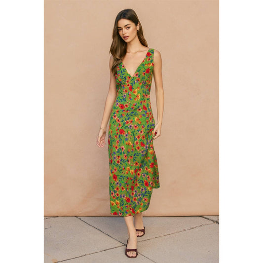 "Wildflower Rush" Grass Green Bias Cut Midi Dress