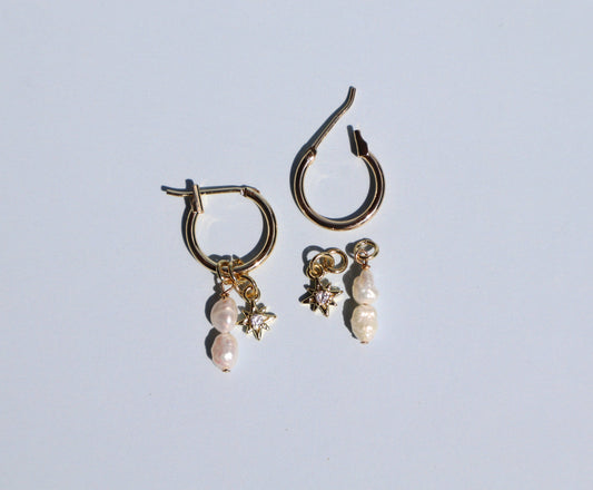 14k Gold Fill Charm Hoop Earrings - Pearl and Sunburst