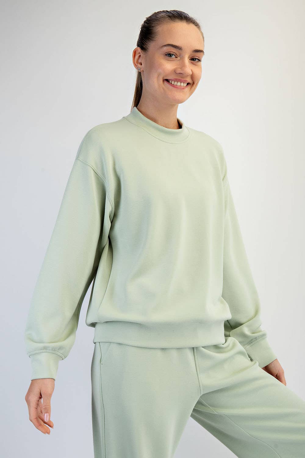 Modal Scuba Mock Neck Pullover in Smoky Navy and Pistachio Cream