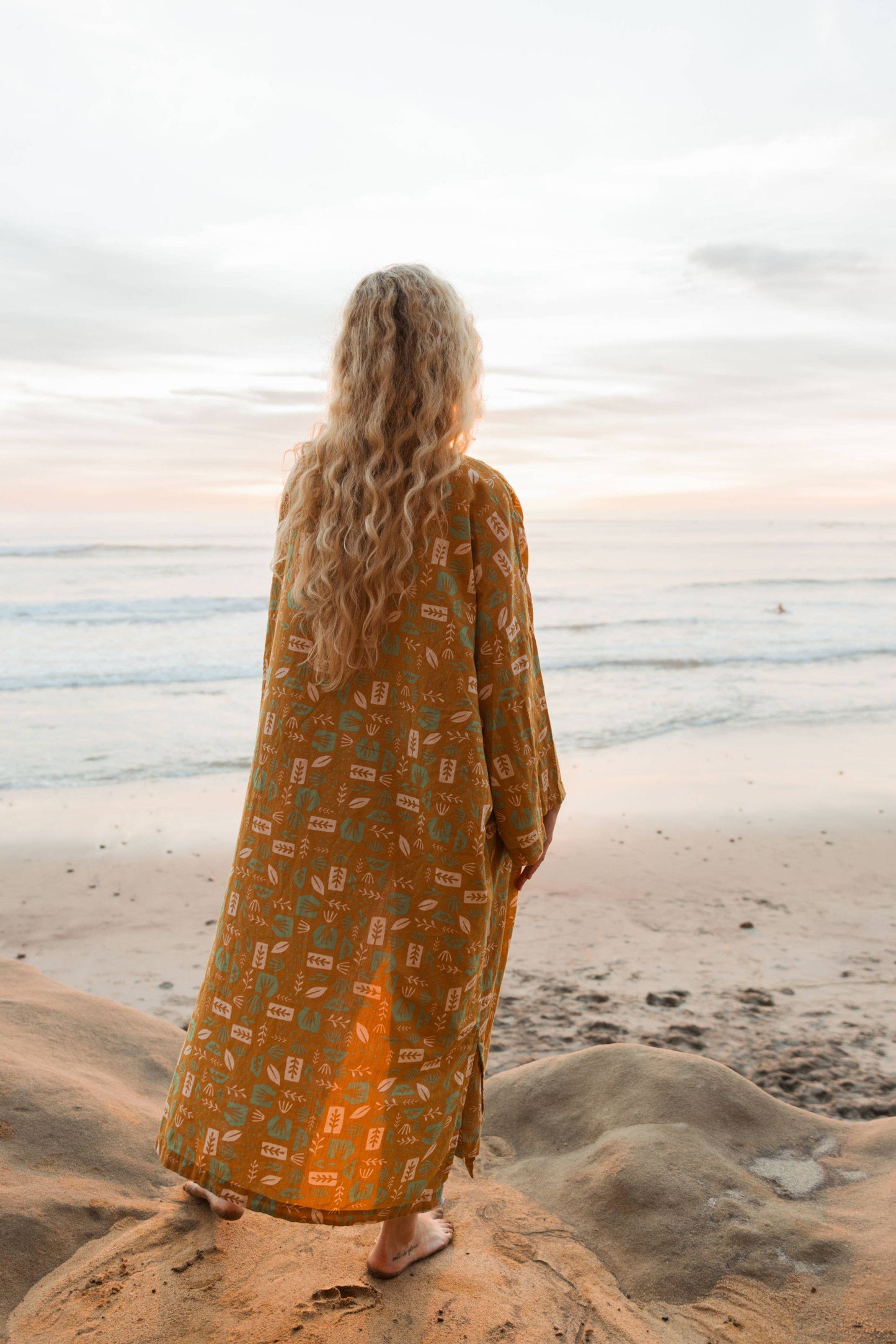 Handwoven Cotton Kimono-Style Robe - Agave Print on Mustard