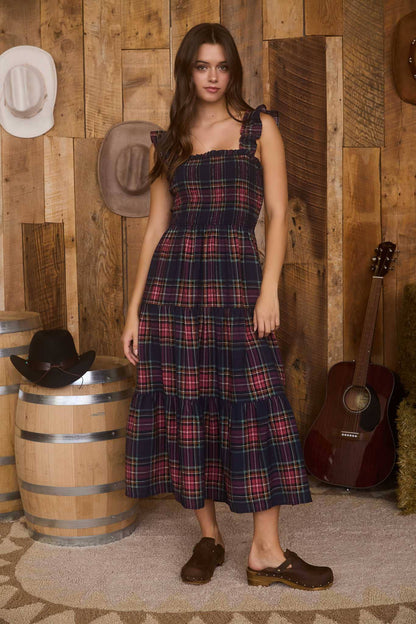 Plaid Smocked Bodice Tiered Midi Dress -- 2 Colorways