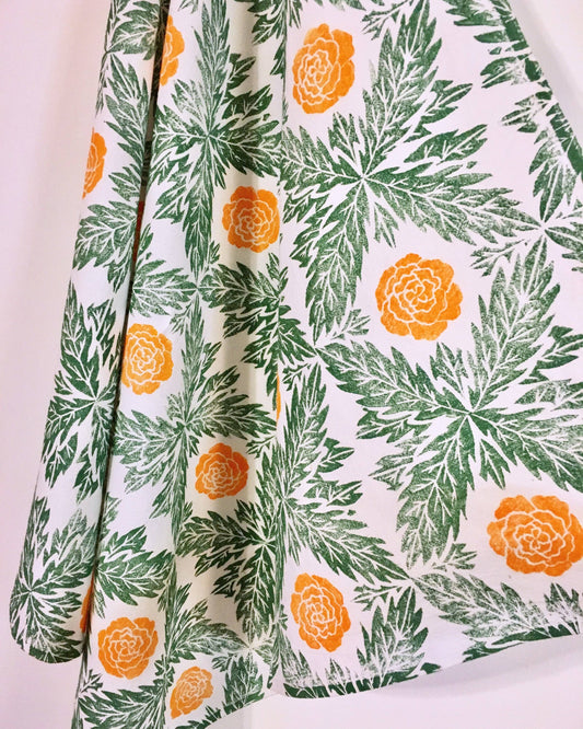 "Marigolds" Hand Block Printed Tea Towel