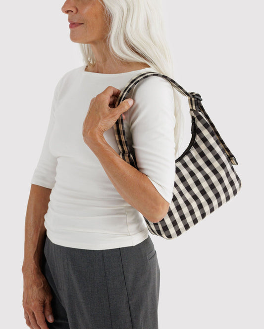 BAGGU Mini Nylon Shoulder Bag in Black and Cream Gingham