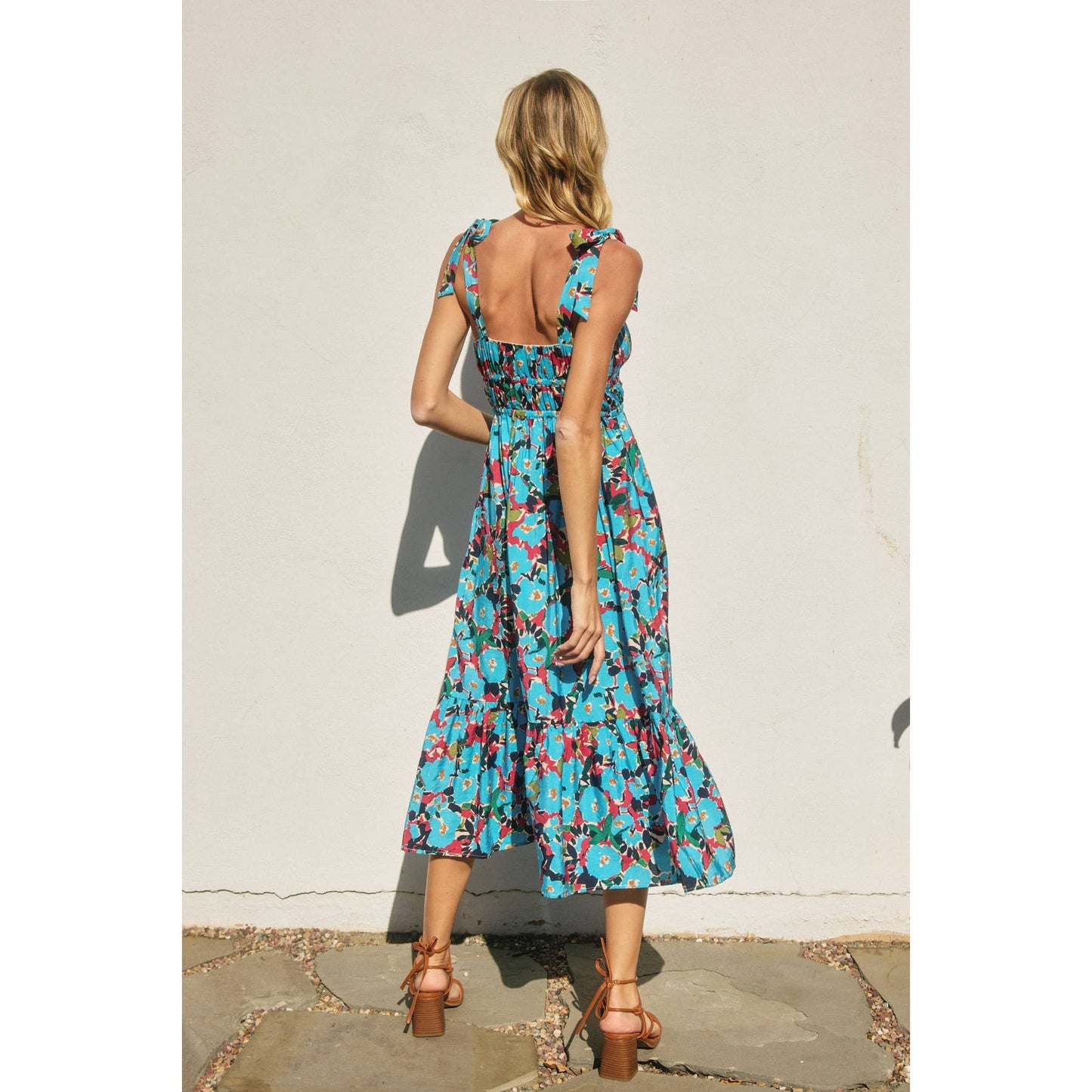 "To The Sky" Retro Floral Shirred Fit And Flare Midi Dress