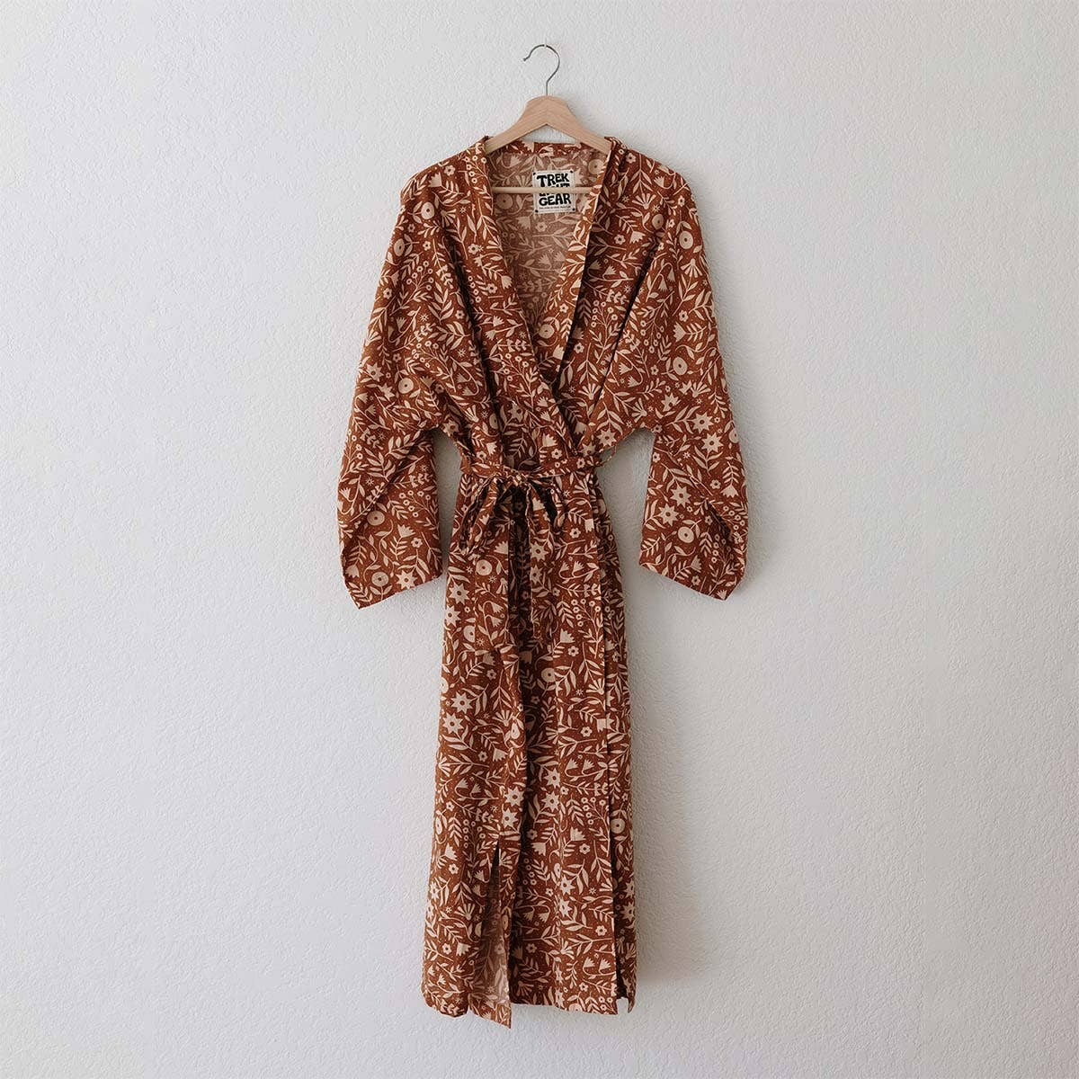 Handwoven Cotton Kimono-Style Robe -  Meadow Print on Rust