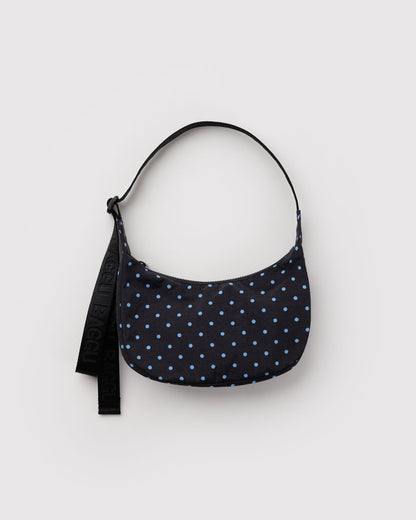 BAGGU Small Nylon Crescent Bag in Black and Sky Blue Micro Dot