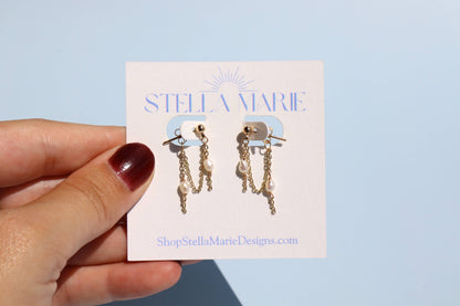 14k Gold Fill Dainty Pearl Chain Stud Earrings