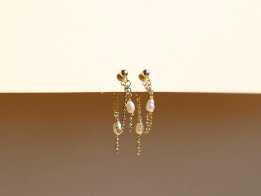 14k Gold Fill Dainty Pearl Chain Stud Earrings