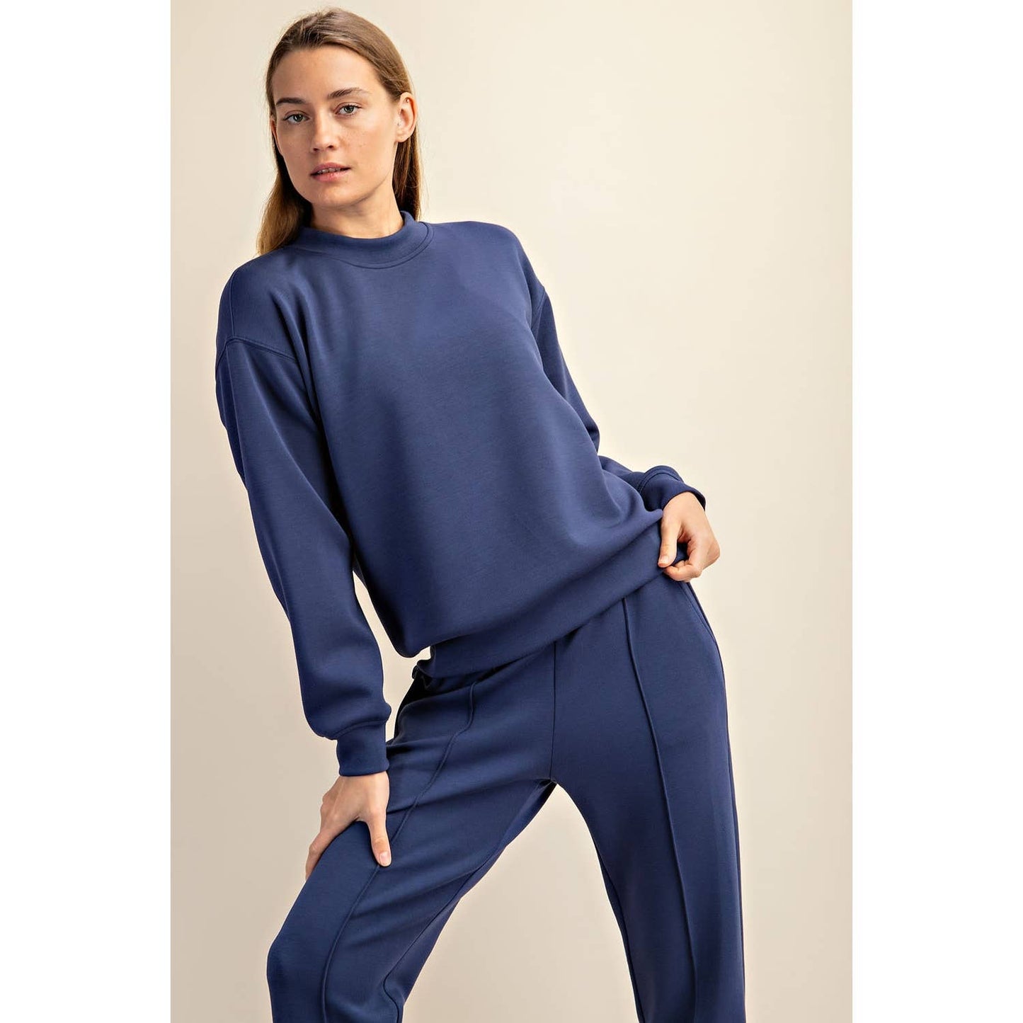 Modal Scuba Mock Neck Pullover in Smoky Navy and Pistachio Cream