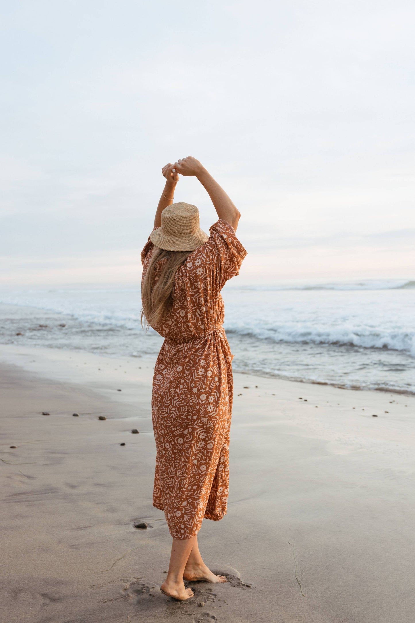 Handwoven Cotton Kimono-Style Robe -  Meadow Print on Rust