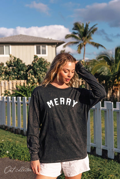 "Merry" Mineral Washed Long Sleeve Graphic Tee in Soft Pink