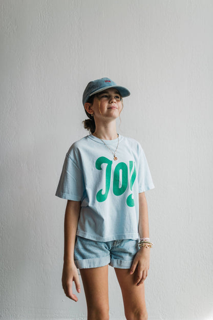 "Joy" Chambray and Seafoam Boxy Crop Tee