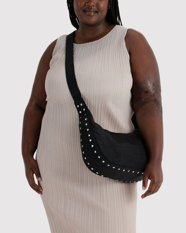 BAGGU Medium Nylon Crescent Bag in Studs (Black with Silver Accents)