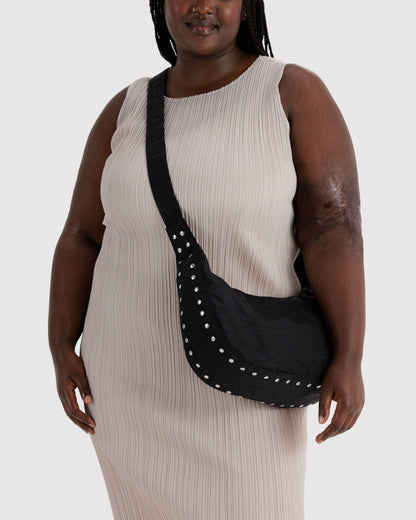 BAGGU Medium Nylon Crescent Bag in Studs (Black with Silver Accents)