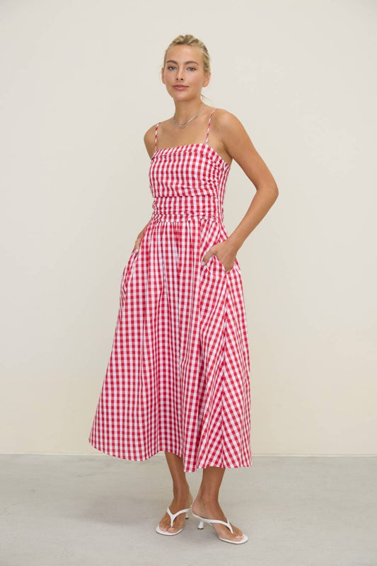 Red Gingham Spaghetti Strap Midi Dress