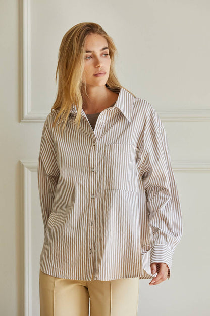Oversized Striped Button-Down Shirt - Mocha