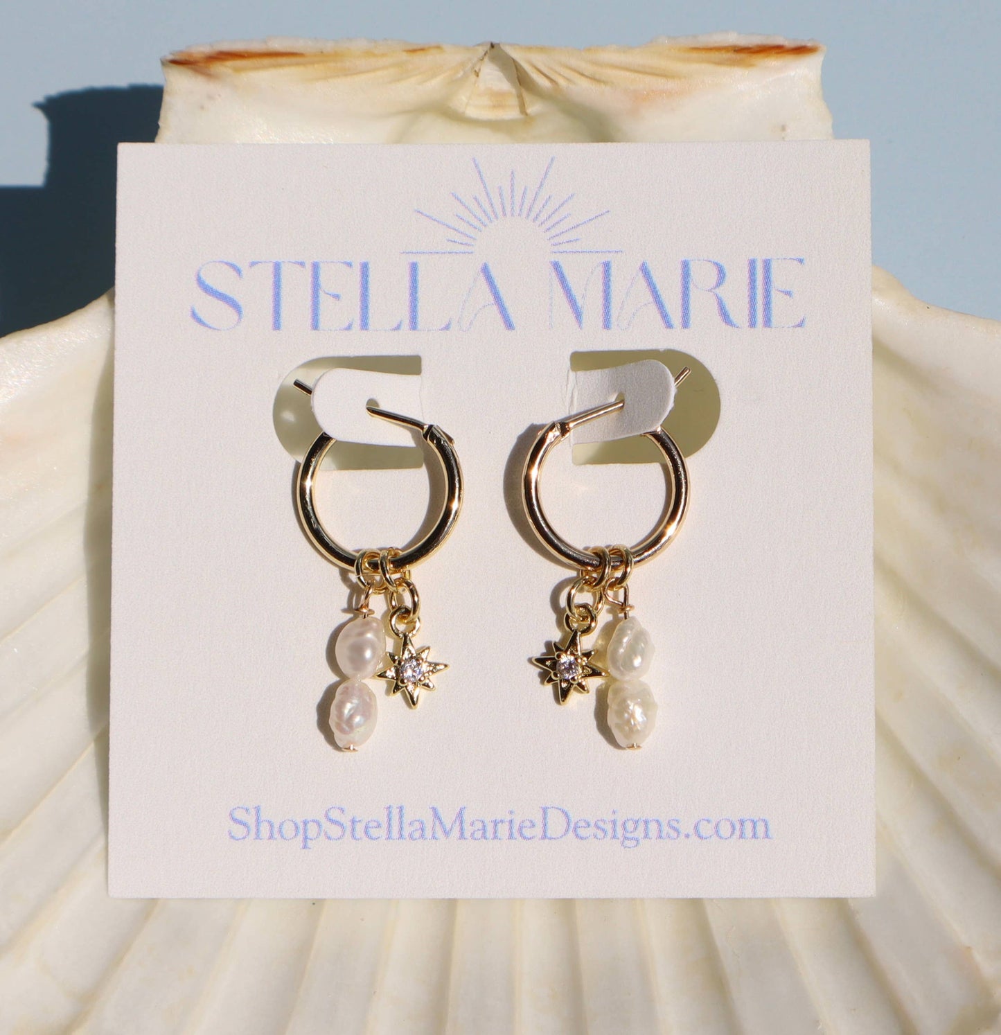 14k Gold Fill Charm Hoop Earrings - Pearl and Sunburst