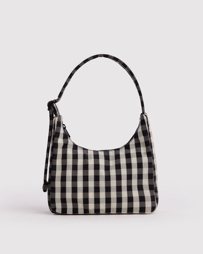 BAGGU Mini Nylon Shoulder Bag in Black and Cream Gingham