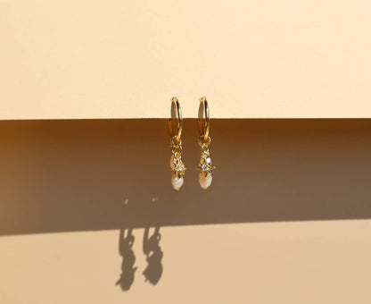 14k Gold Fill Charm Hoop Earrings - Pearl and Sunburst