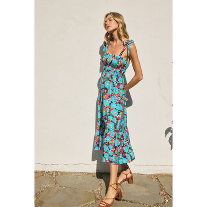 "To The Sky" Retro Floral Shirred Fit And Flare Midi Dress