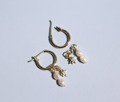 14k Gold Fill Charm Hoop Earrings - Pearl and Sunburst