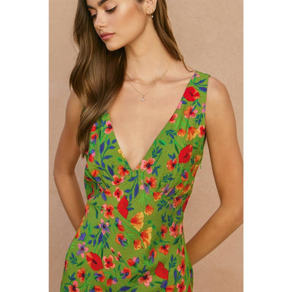 "Wildflower Rush" Grass Green Bias Cut Midi Dress