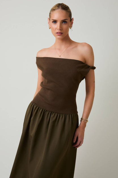 Twist Detail Boatneck Mixed Media Dress in Deep Olive