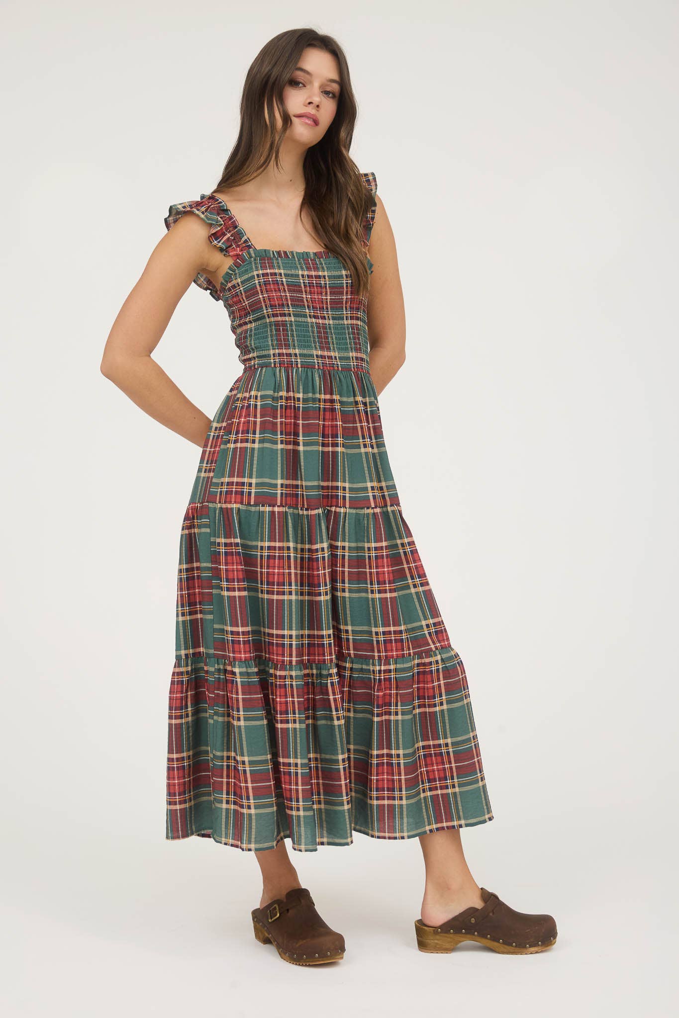 Plaid Smocked Bodice Tiered Midi Dress -- 2 Colorways